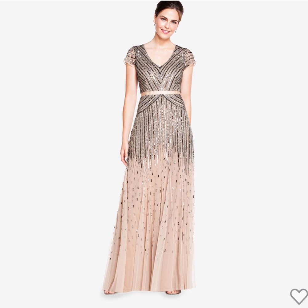 Adrianna Papell Beaded V-Neck Dress - Size 12 - Color: Nude